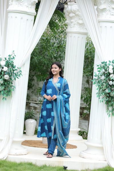 Elephant Print Cotton Kurta Set with Dupatta