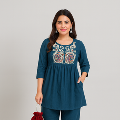 Embroidered Short Kurta Pant Set – Teal Blue, Mustard, Maroon & Light Blue