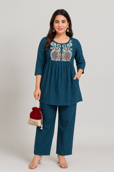 Embroidered Short Kurta Pant Set – Teal Blue, Mustard, Maroon & Light Blue