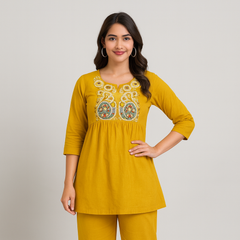 Embroidered Short Kurta Pant Set – Teal Blue, Mustard, Maroon & Light Blue