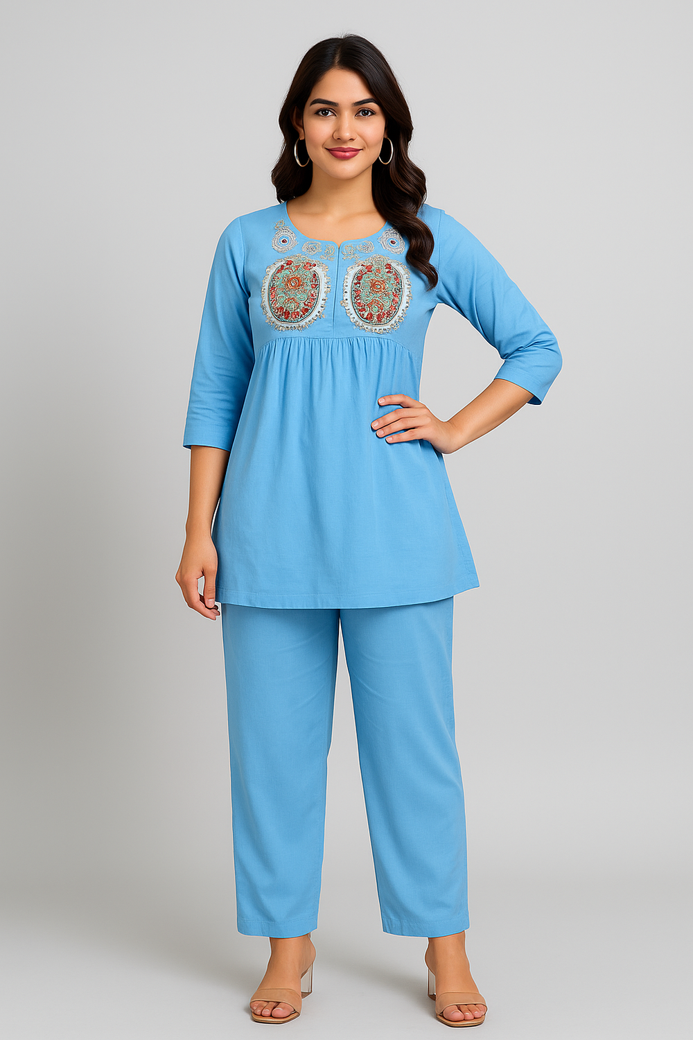 Embroidered Short Kurta Pant Set – Teal Blue, Mustard, Maroon & Light Blue