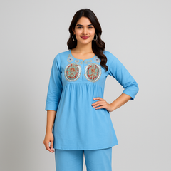 Embroidered Short Kurta Pant Set – Teal Blue, Mustard, Maroon & Light Blue
