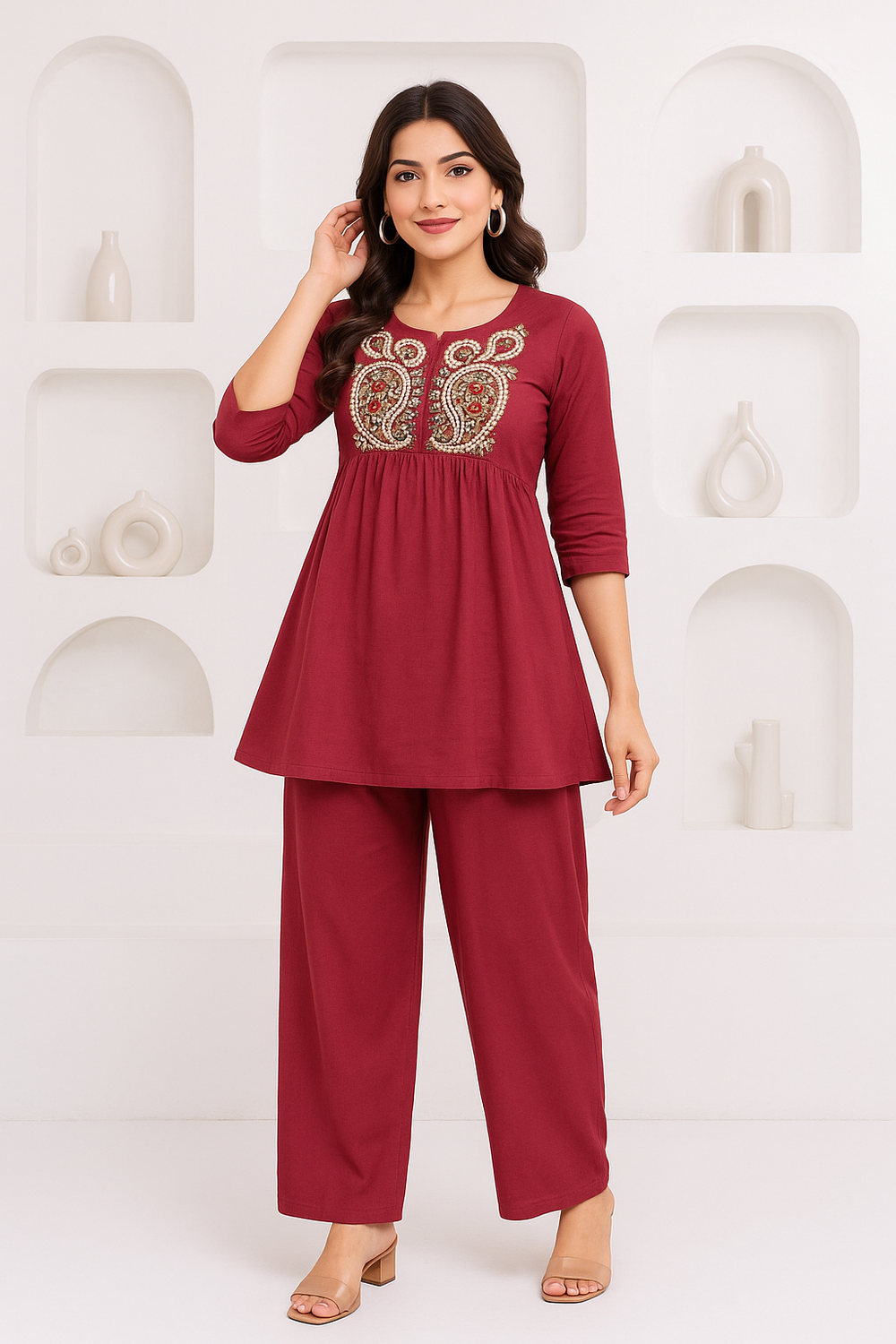 Embroidered Short Kurta Pant Set – Teal Blue, Mustard, Maroon & Light Blue