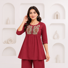 Embroidered Short Kurta Pant Set – Teal Blue, Mustard, Maroon & Light Blue