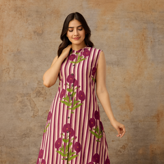 Sleeveless Striped Floral Co-Ord Set in Mauve, Green & Yellow