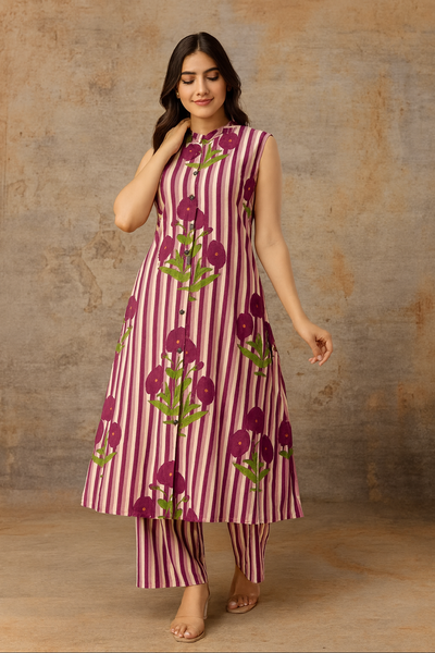 Sleeveless Striped Floral Co-Ord Set in Mauve, Green & Yellow
