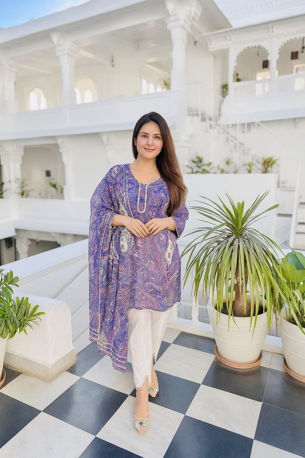 Purple Paisley Printed Kurti with White Straight Pants