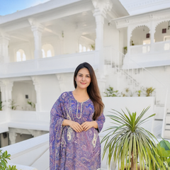 Purple Paisley Printed Kurti with White Straight Pants