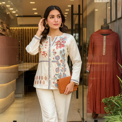 Embroidered Cotton Co-Ord Set with Straight Pants – Available in Rust & Cream