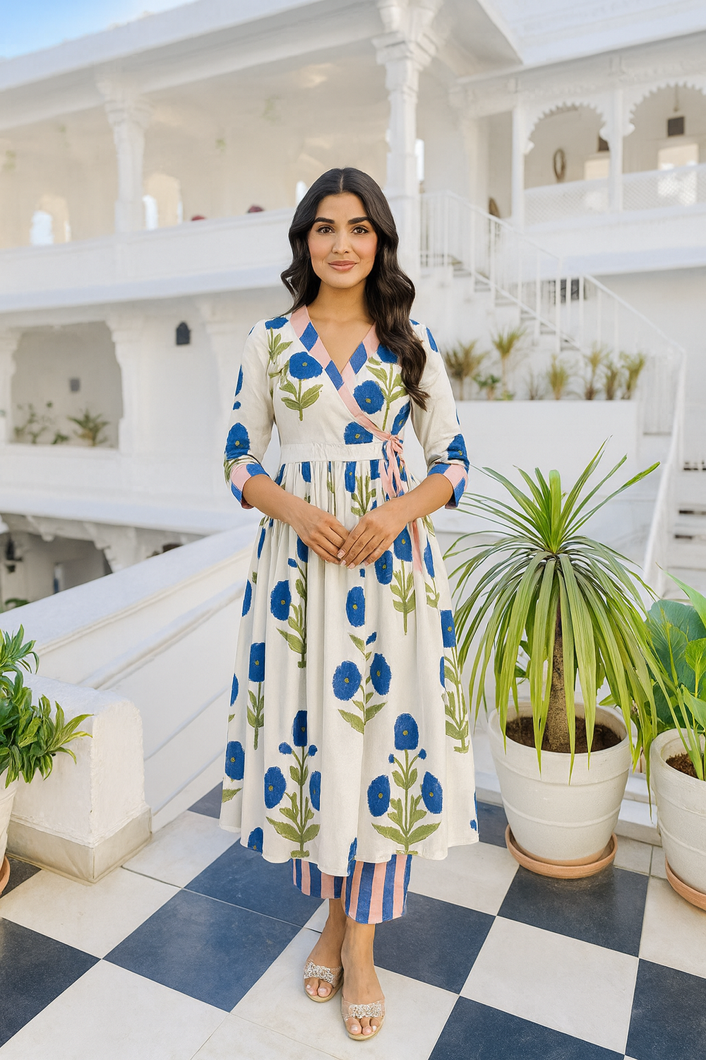 White Floral Printed Wrap Kurta with Striped Pants