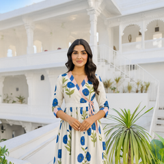 White Floral Printed Wrap Kurta with Striped Pants