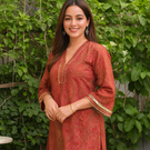Rust Paisley Printed Kurta Set with Gold Lace Detailing