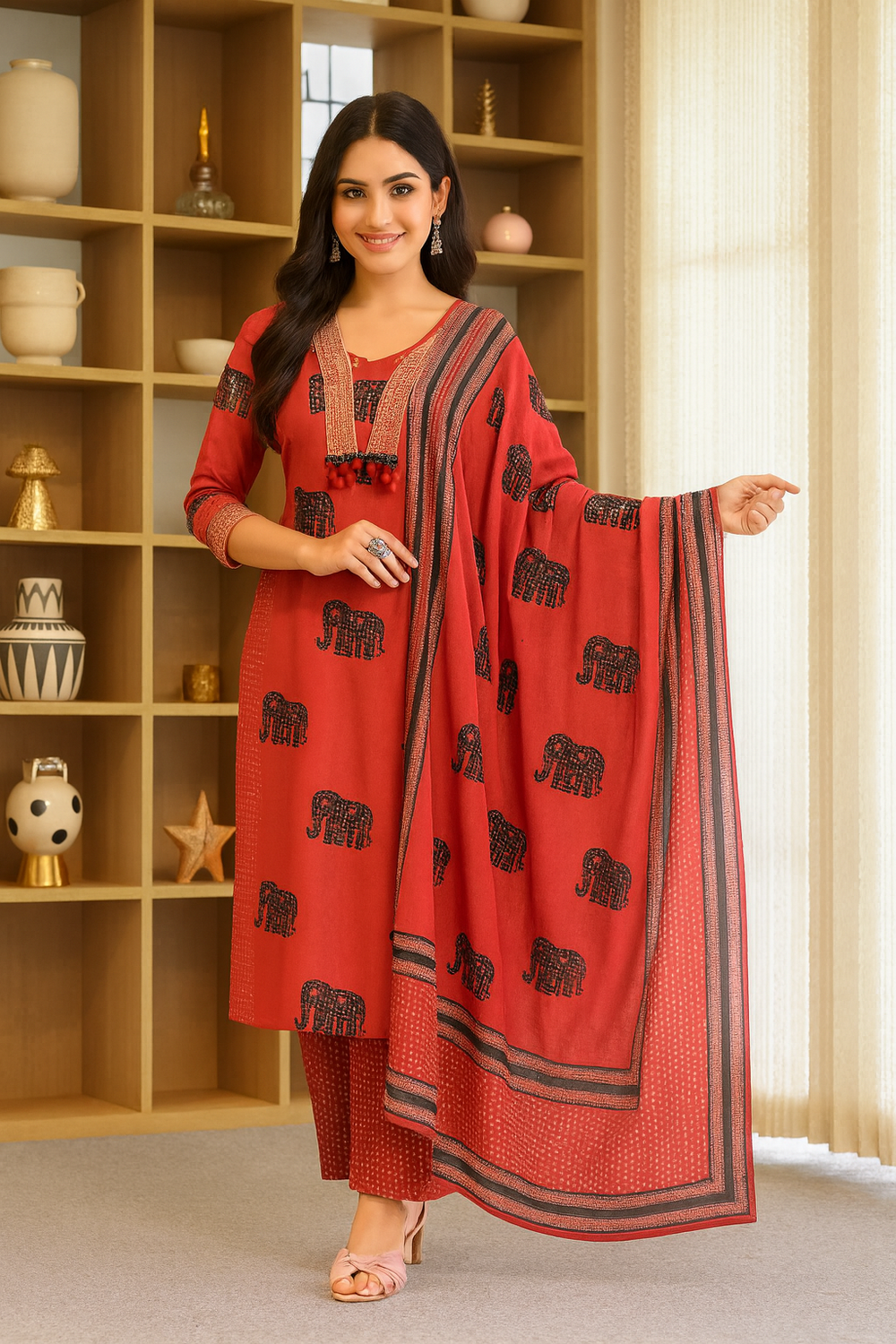 Red Elephant Print Cotton Kurta Set with Matching Dupatta