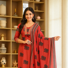 Red Elephant Print Cotton Kurta Set with Matching Dupatta