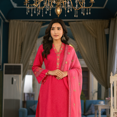 Embroidered Cotton Suit Set with Dupatta in Yellow & Pink