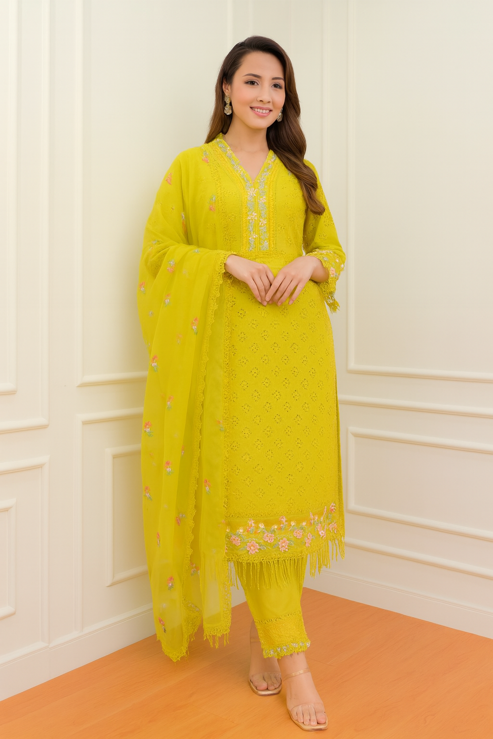 Embroidered Cotton Suit Set with Dupatta in Yellow & Pink