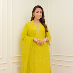 Embroidered Cotton Suit Set with Dupatta in Yellow & Pink