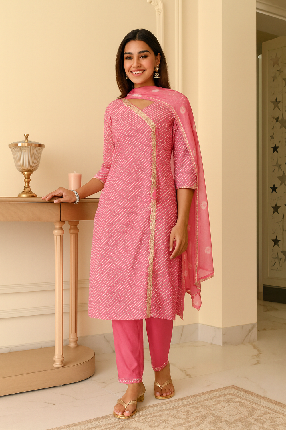 Pink Bandhani Printed Kurta Set with Pants & Dupatta
