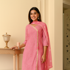 Pink Bandhani Printed Kurta Set with Pants & Dupatta