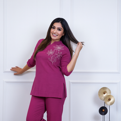 Magenta Embroidered Cotton Co-ord Set – Top & Pants