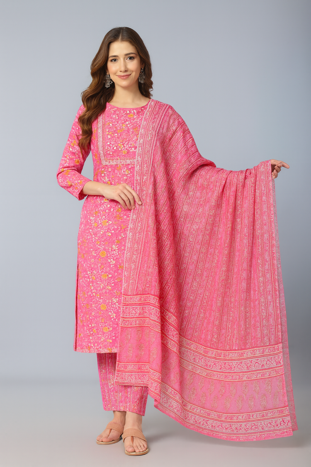 Pink Floral Printed Kurta Set with Pants & Dupatta