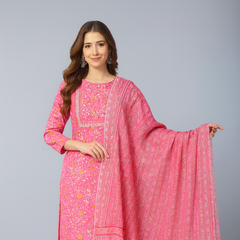 Pink Floral Printed Kurta Set with Pants & Dupatta