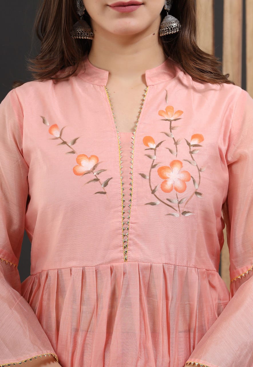 Floral Embroidered Lehenga Set in Peach & Navy Blue