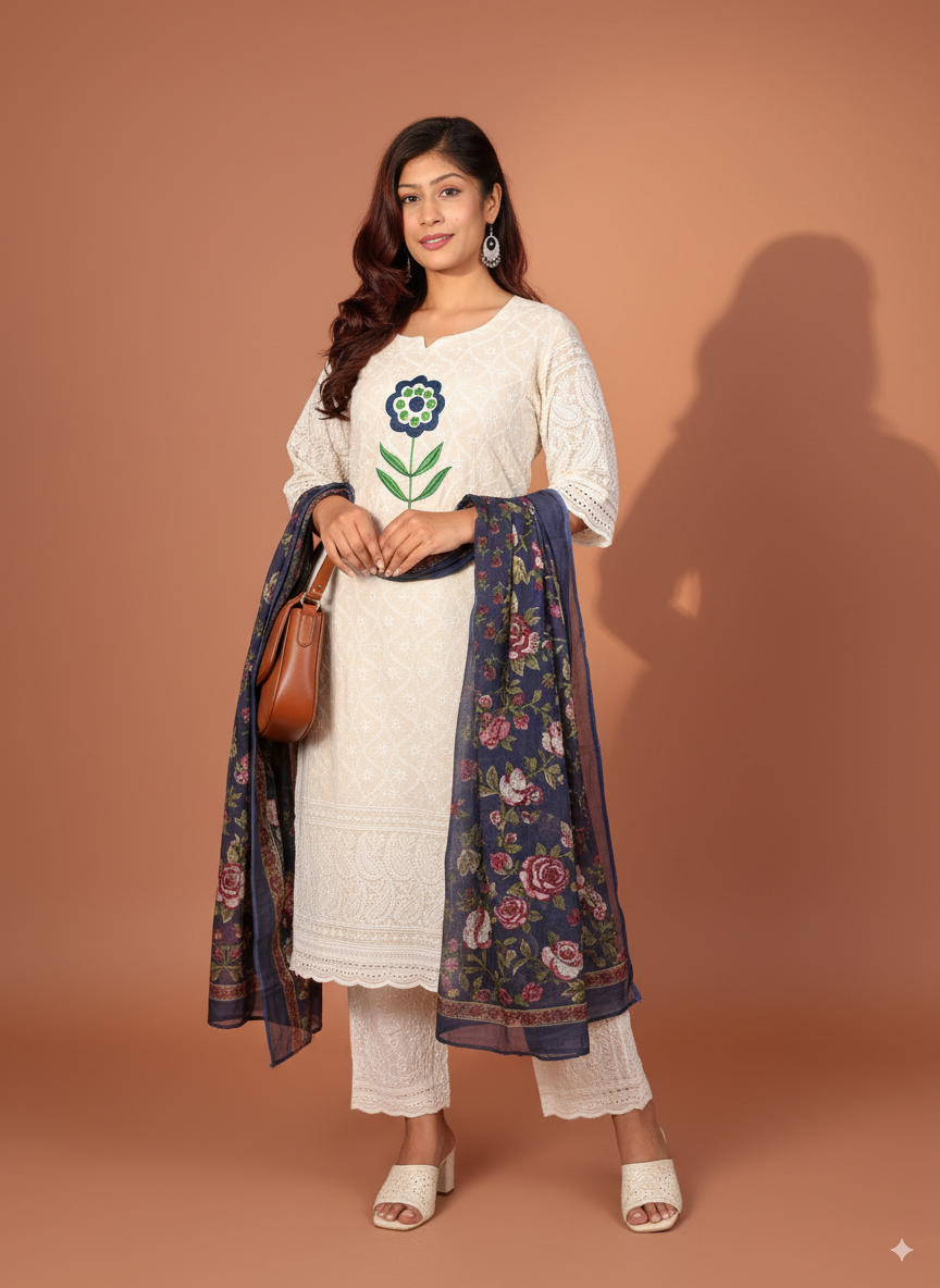 Elegant White Chikankari Cotton Kurti Pant Set with Floral Dupatta