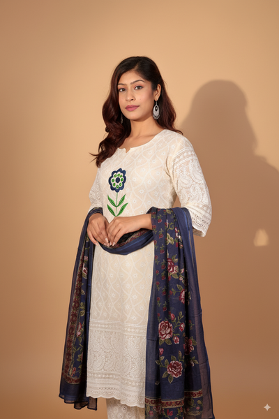 Elegant White Chikankari Cotton Kurti Pant Set with Floral Dupatta