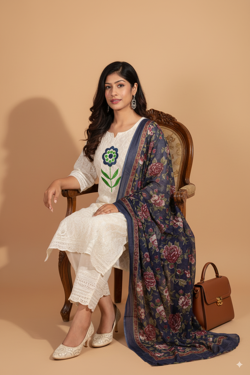 Elegant White Chikankari Cotton Kurti Pant Set with Floral Dupatta