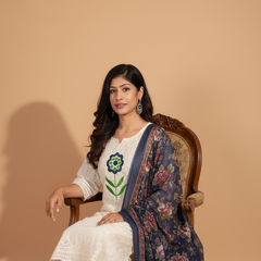 Elegant White Chikankari Cotton Kurti Pant Set with Floral Dupatta