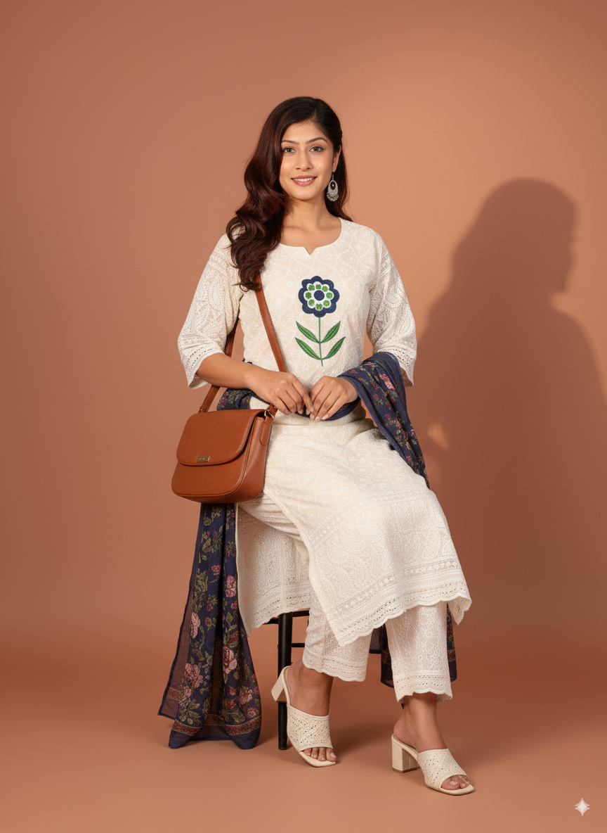 Elegant White Chikankari Cotton Kurti Pant Set with Floral Dupatta