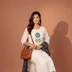 Elegant White Chikankari Cotton Kurti Pant Set with Floral Dupatta