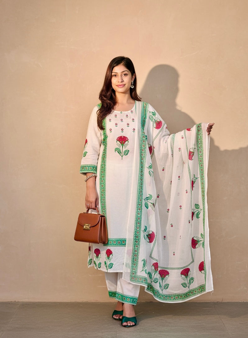 Floral Block Print Cotton Suit Set with Dupatta
