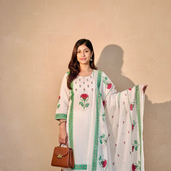 Floral Block Print Cotton Suit Set with Dupatta