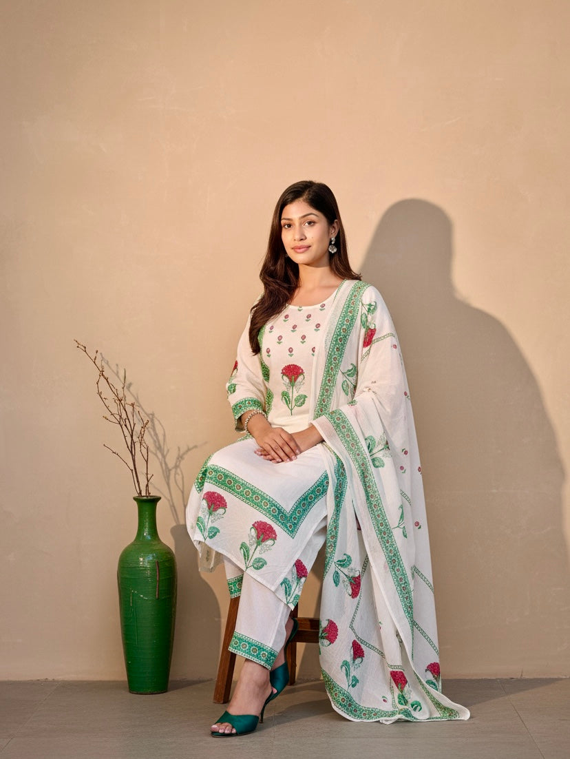 Floral Block Print Cotton Suit Set with Dupatta