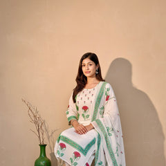 Floral Block Print Cotton Suit Set with Dupatta