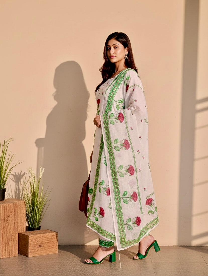 Floral Block Print Cotton Suit Set with Dupatta