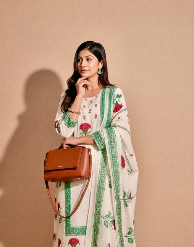 Floral Block Print Cotton Suit Set with Dupatta