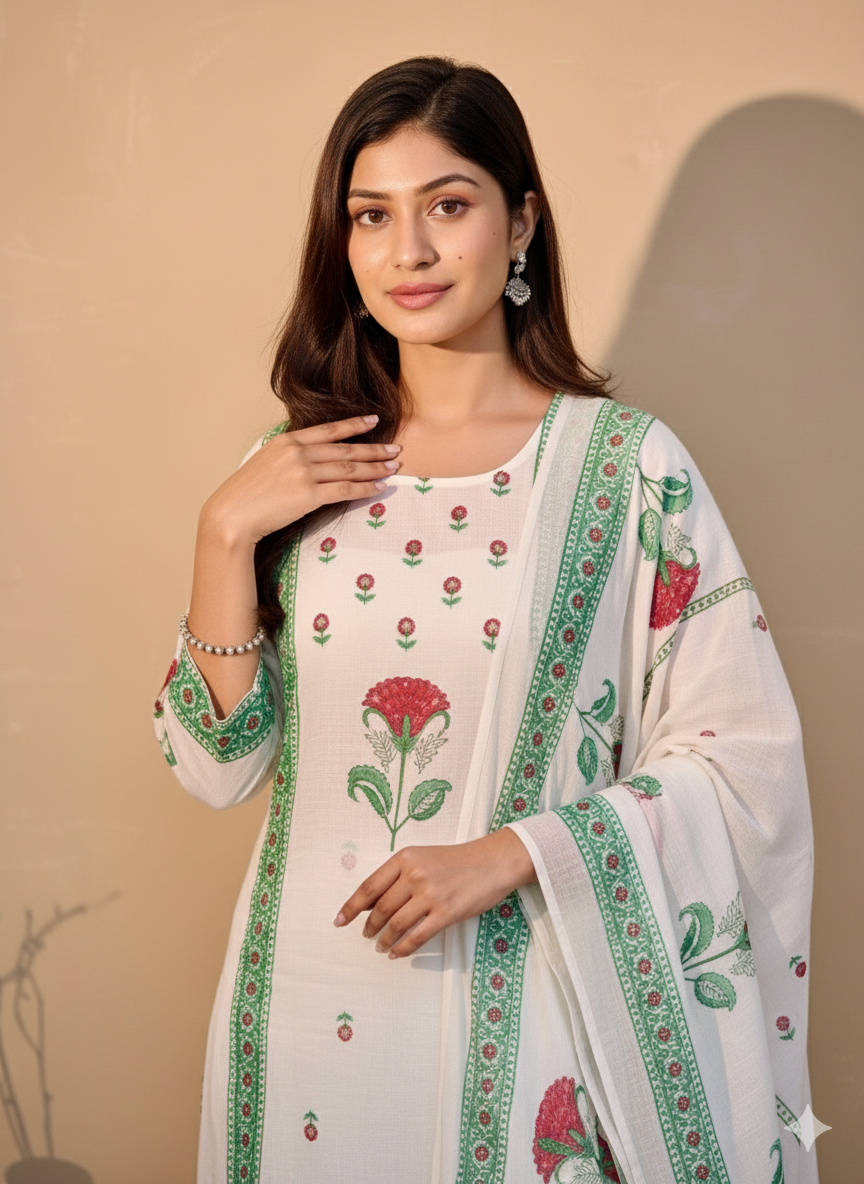 Floral Block Print Cotton Suit Set with Dupatta