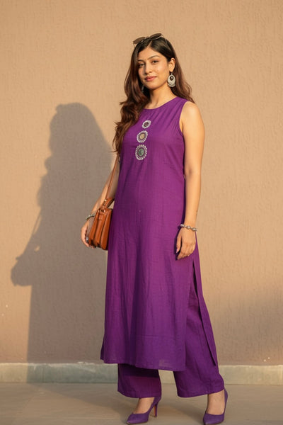 Purple Cotton Sleeve/less Mirror Work Top