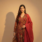 Rust Red Full Flair Cotton Anarkali Kurti with Pant & Dupatta