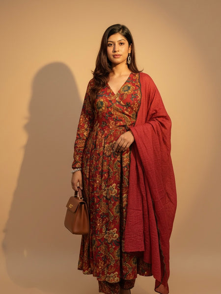 Rust Red Full Flair Cotton Anarkali Kurti with Pant & Dupatta