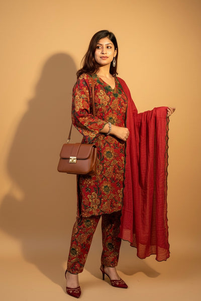 Red Floral Printed Kurta Pant Set with Dupatta