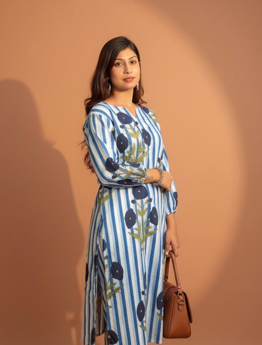 Women’s Striped Floral Cotton Kurta Set