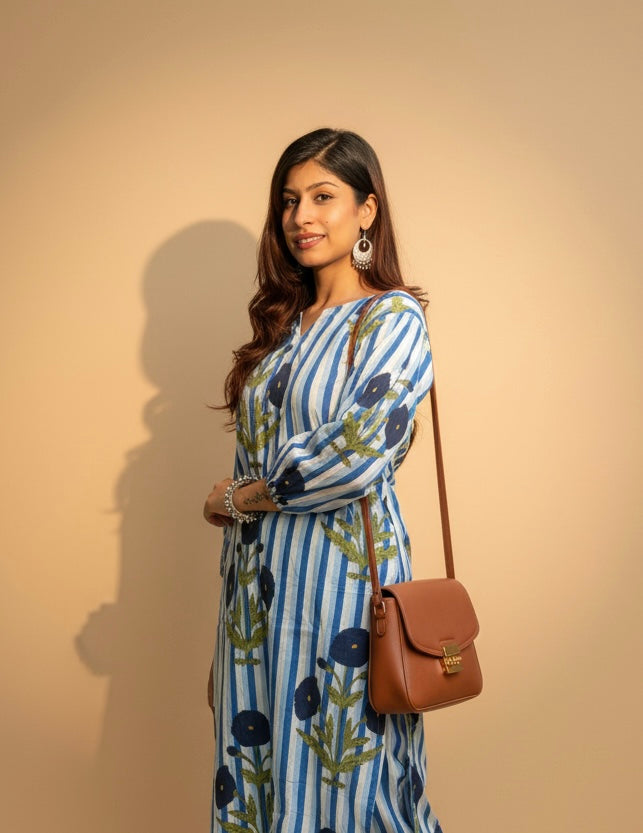 Women’s Striped Floral Cotton Kurta Set