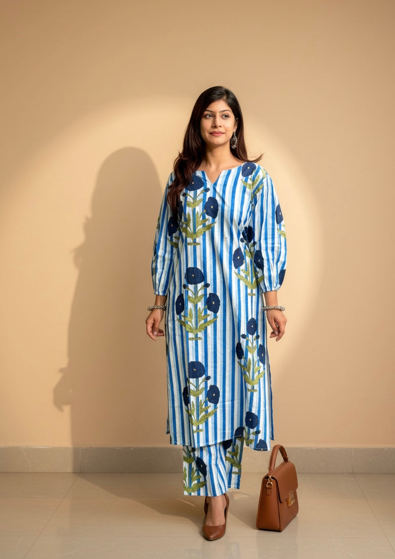 Women’s Striped Floral Cotton Kurta Set