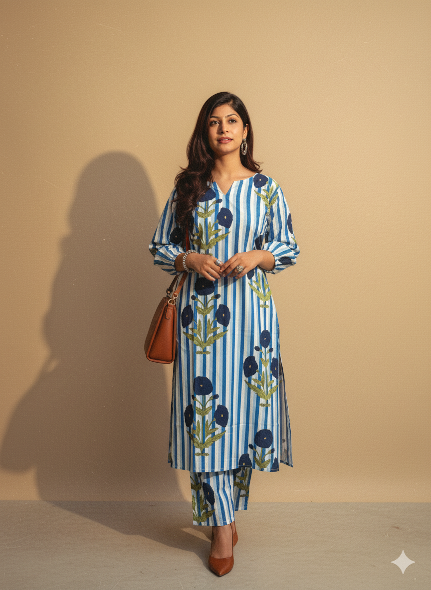 Women’s Striped Floral Cotton Kurta Set