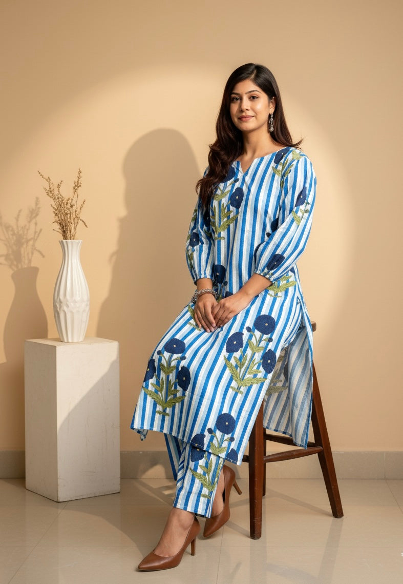 Women’s Striped Floral Cotton Kurta Set