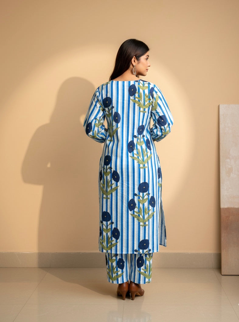 Women’s Striped Floral Cotton Kurta Set